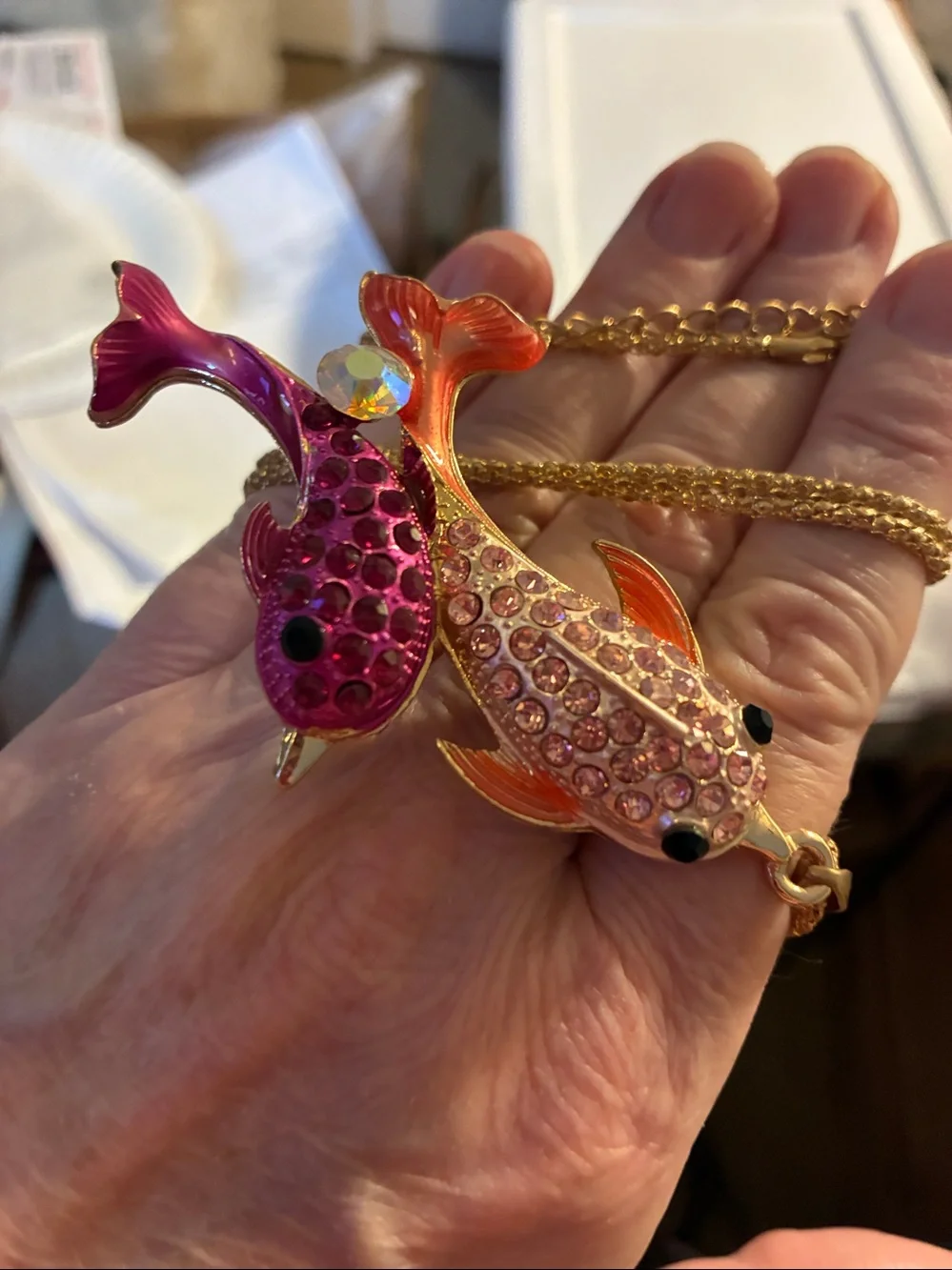 Dolphins swimming together Necklace in Pink and Orange